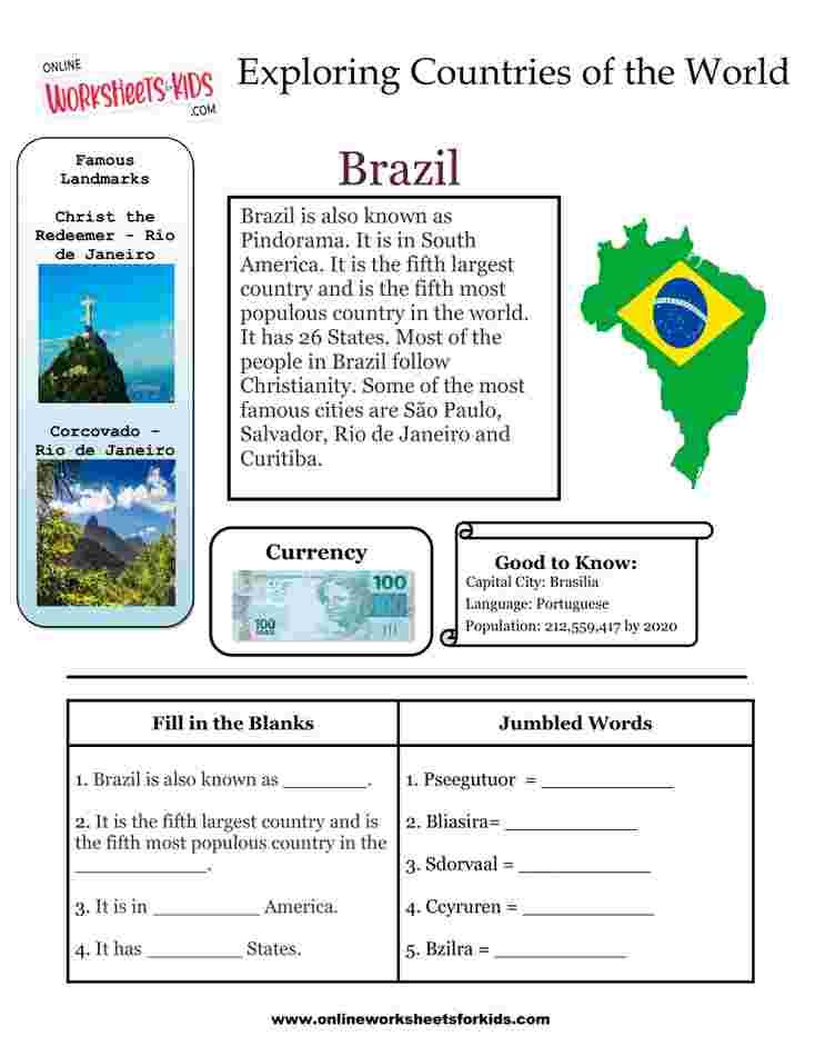 Countries Worksheets for grade 1-4