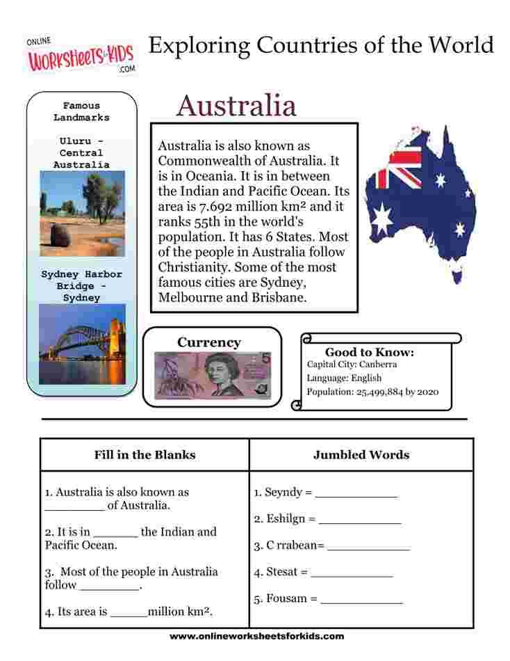 Countries Worksheets for grade 1-2