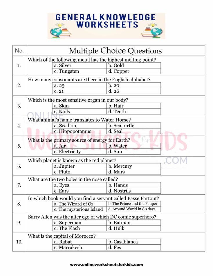 General Knowledge Worksheets for grade 1-13