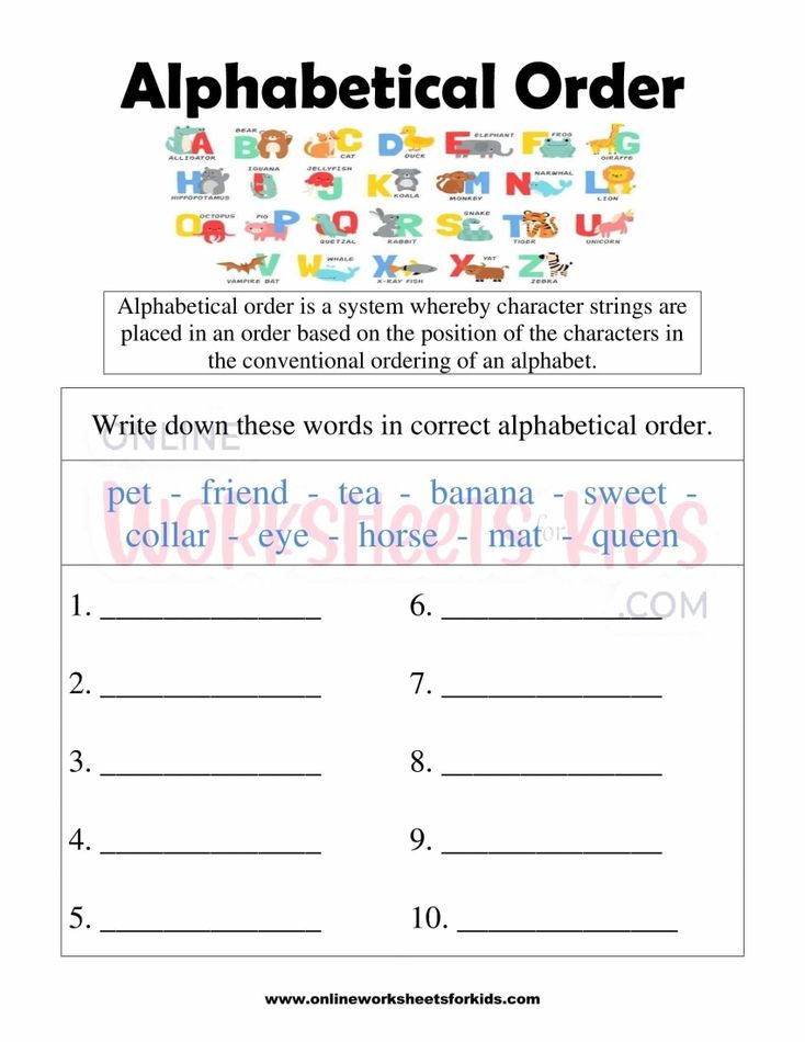Alphabetical Order Worksheets for grade 1-6