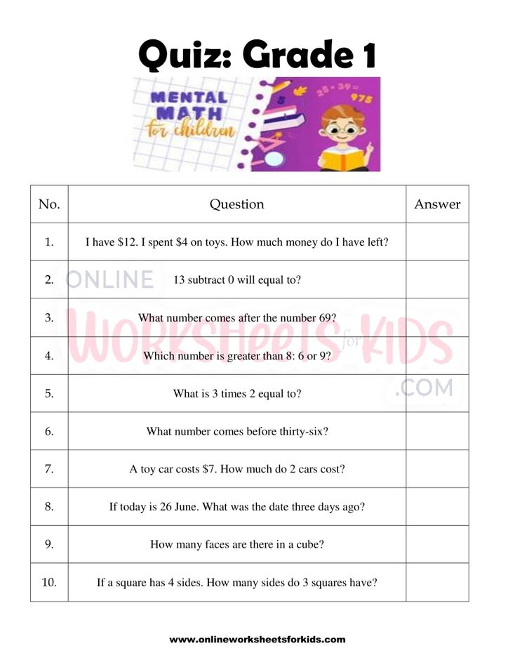 Mental Maths Worksheets for grade 1-5