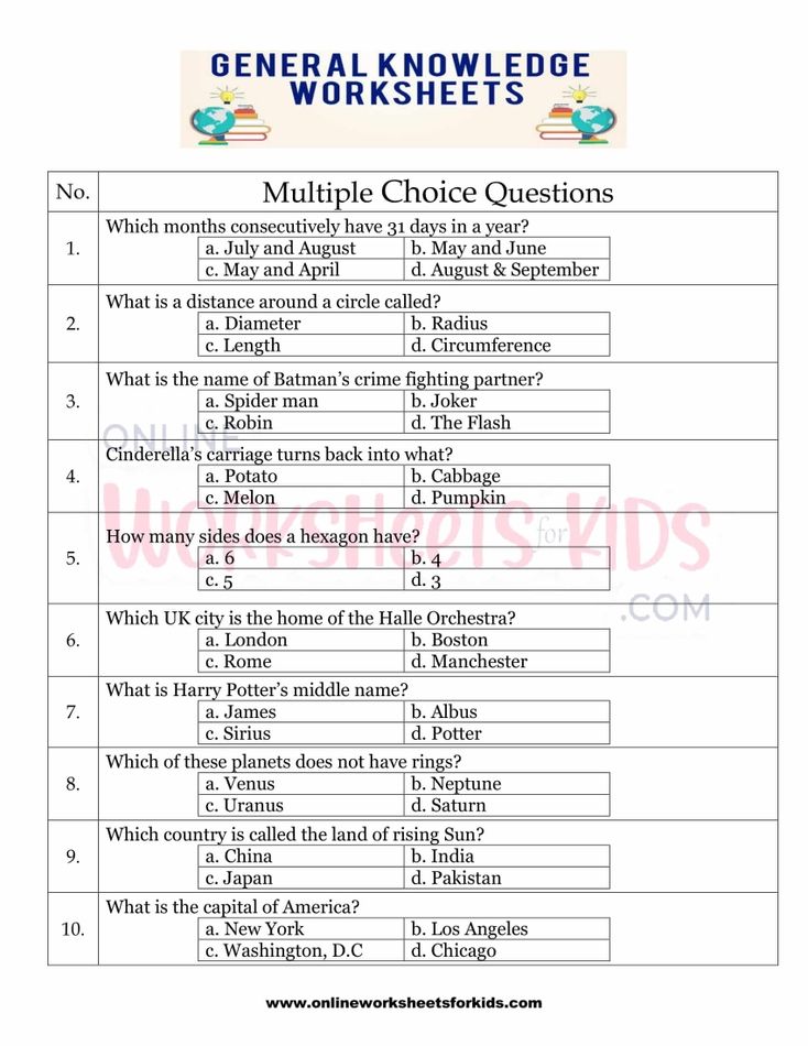 General Knowledge Worksheets for grade 1-6