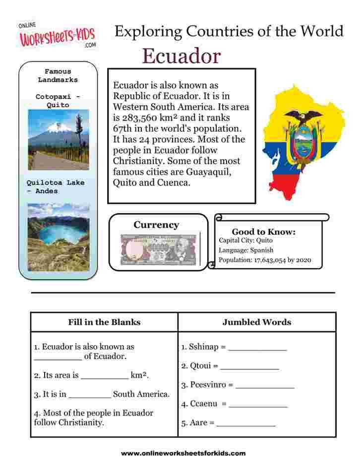 Countries Worksheets for grade 1-8