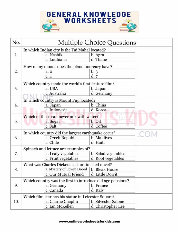 General Knowledge Worksheets for grade 1-21