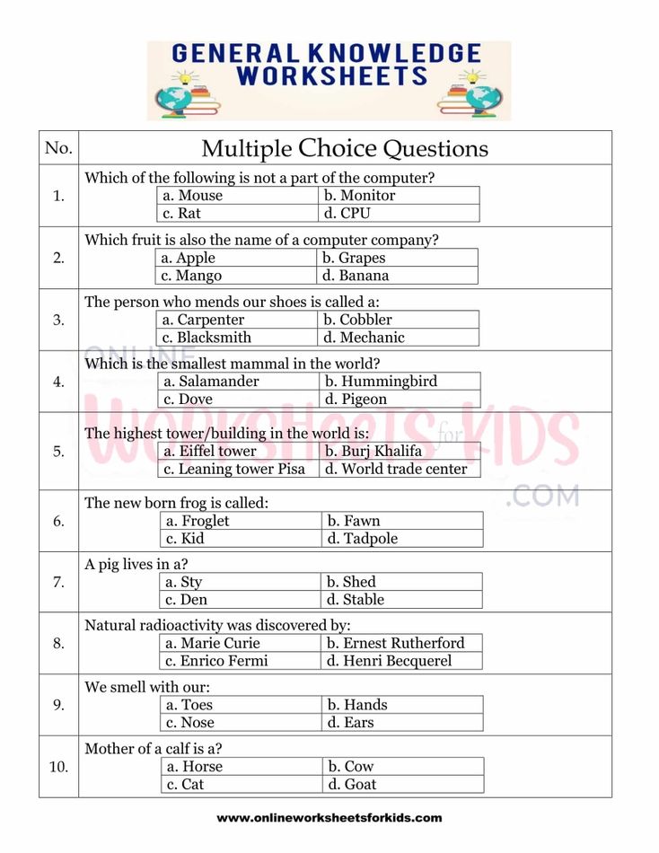 General Knowledge Worksheets for grade 1-1