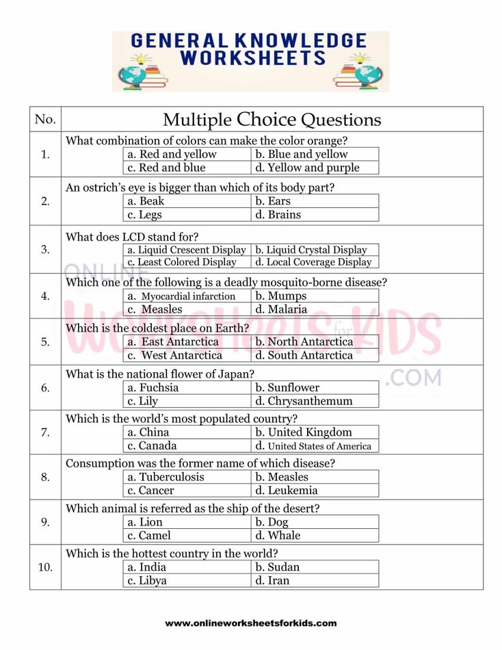 General Knowledge Worksheets for grade 1-11