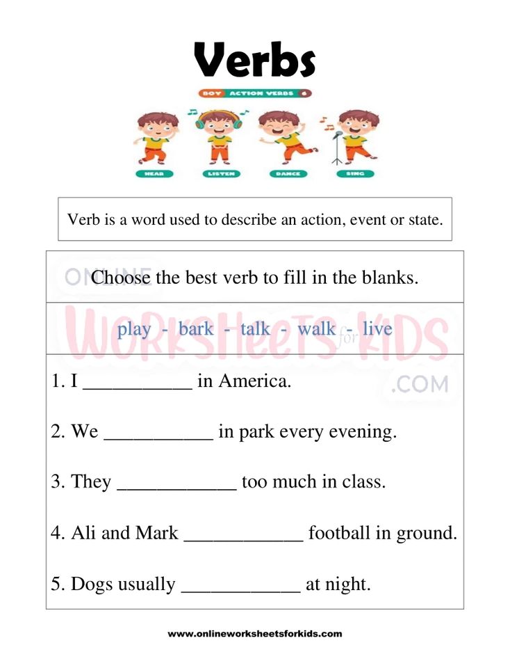 Verbs Worksheets for grade 1-6