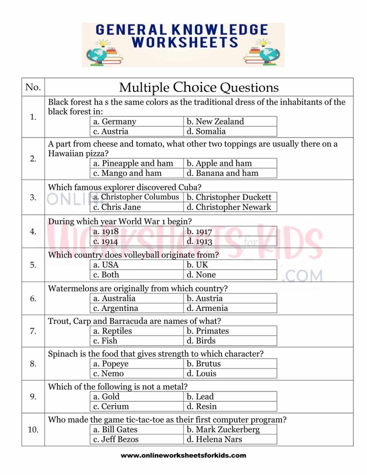 General Knowledge Worksheets for grade 1-18