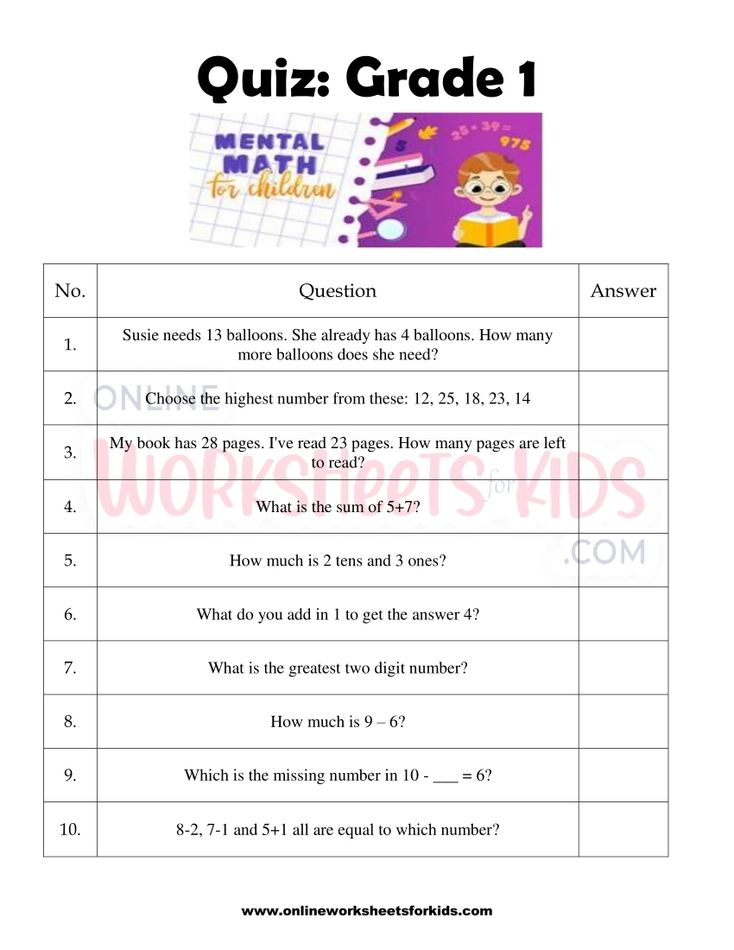 Mental Maths Worksheets for grade 1-1