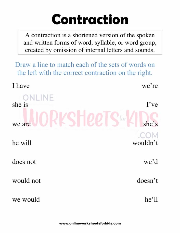 Contraction Worksheets 1st grade 2