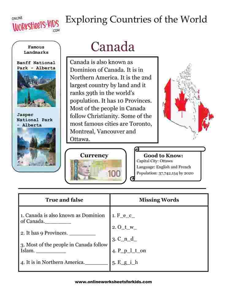 Countries Worksheets for grade 1-5