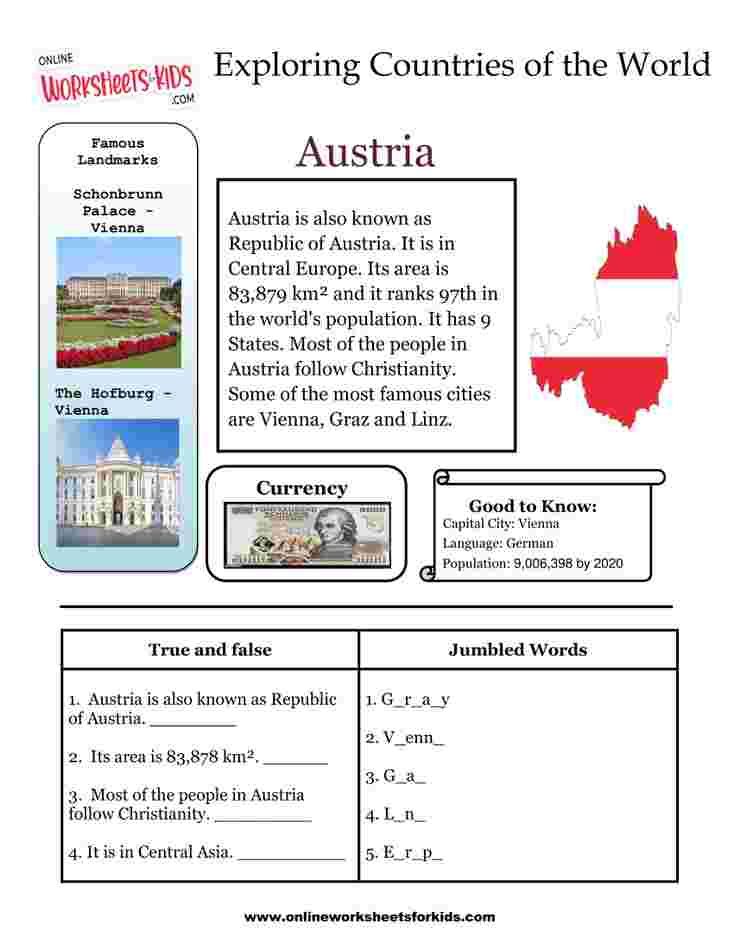 Countries Worksheets for grade 1-3