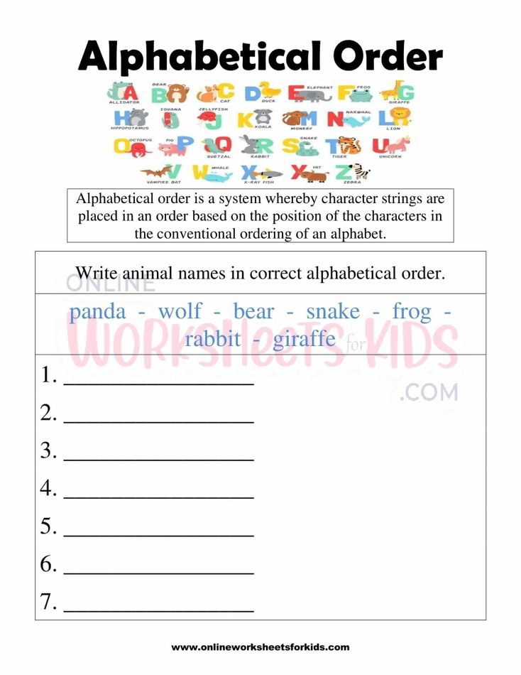 Alphabetical Order Worksheets for grade 1-7
