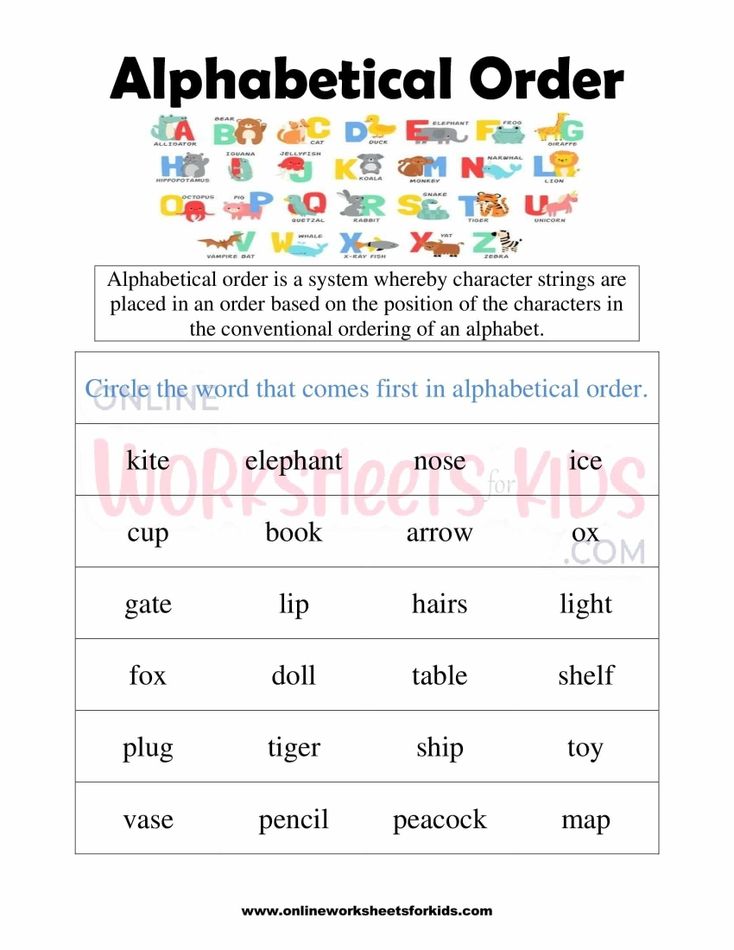 Alphabetical Order Worksheets for grade 1-2