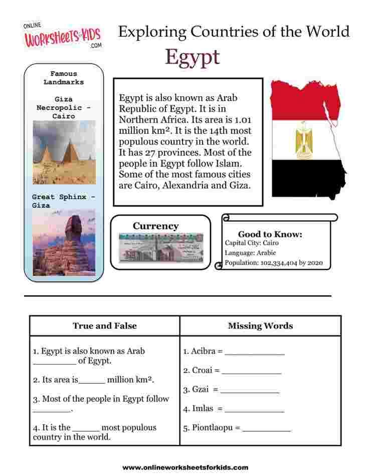 Countries Worksheets for grade 1-9