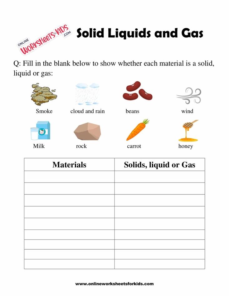 Solid Liquids and Gas Worksheet For Grade 1-9