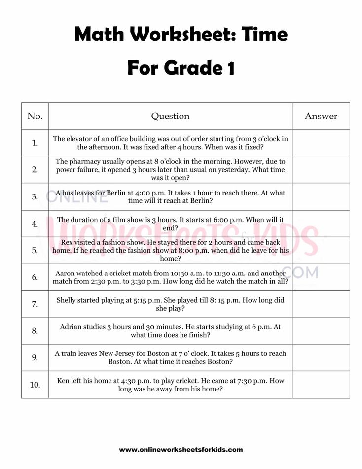 Time Word Problem Worksheets for grade 1-2