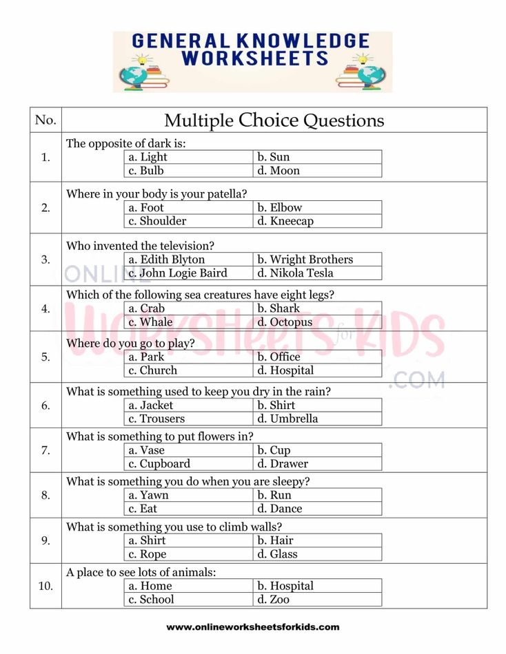 General Knowledge Worksheets for grade 1-3