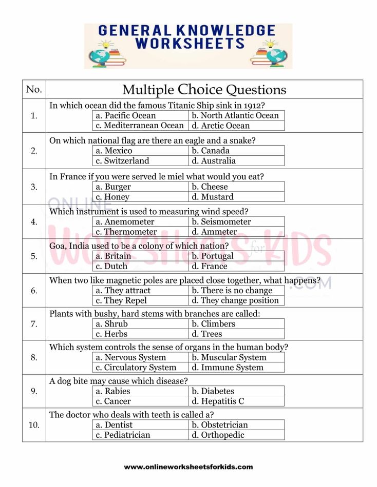 General Knowledge Worksheets for grade 1-22