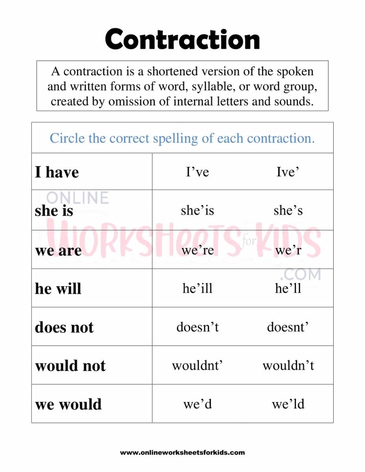 Contraction Worksheets 1st grade 8