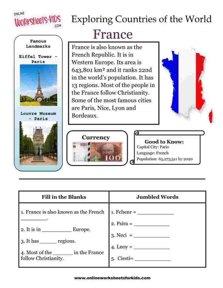 Countries Worksheets for grade 1-