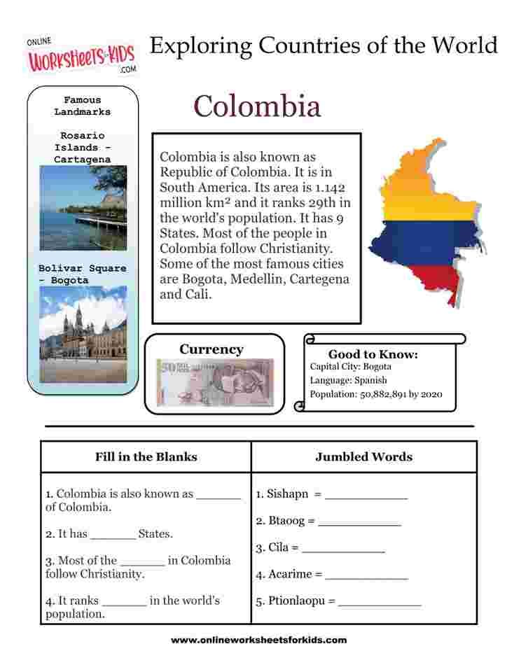 Countries Worksheets for grade 1-7