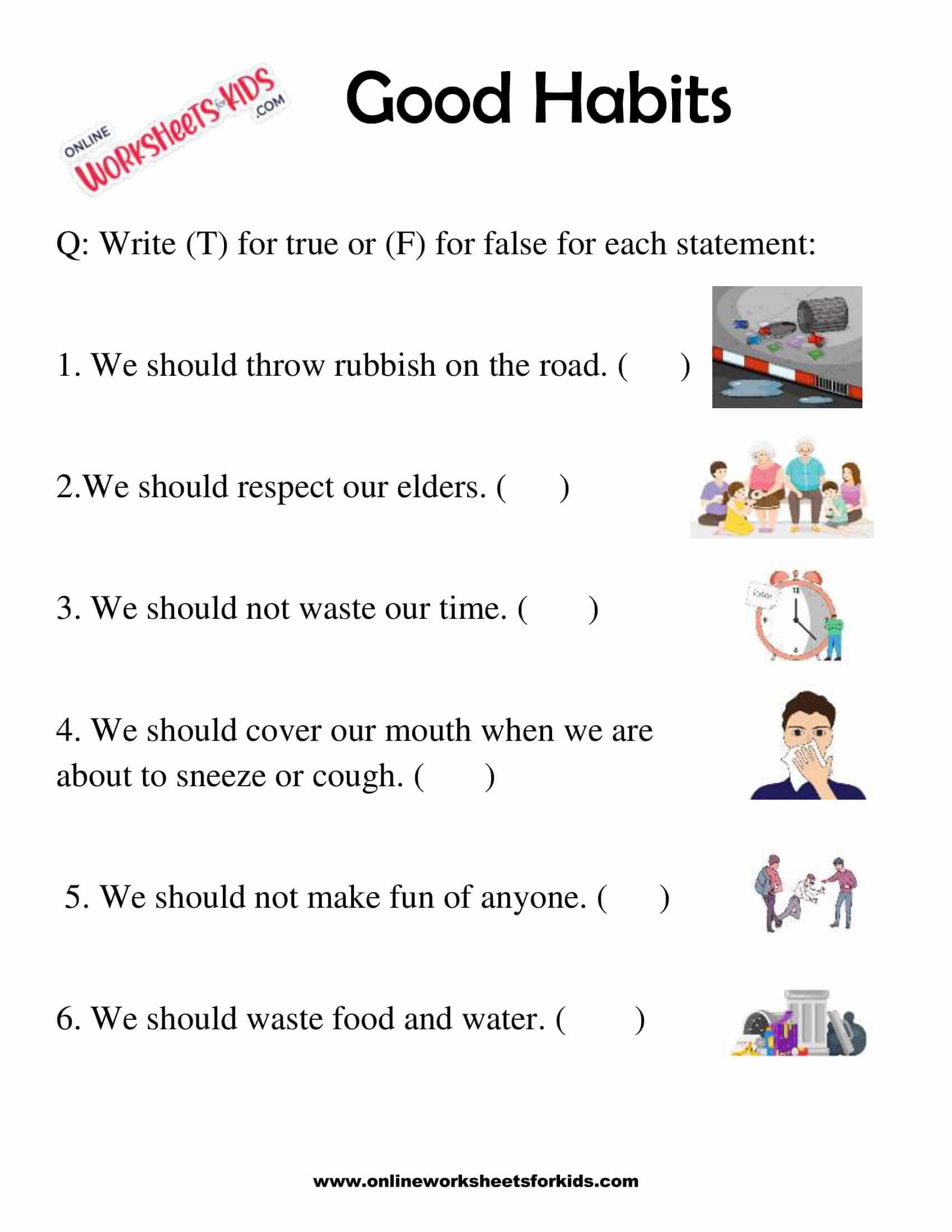 free good habits vs bad habits worksheet for grade 1