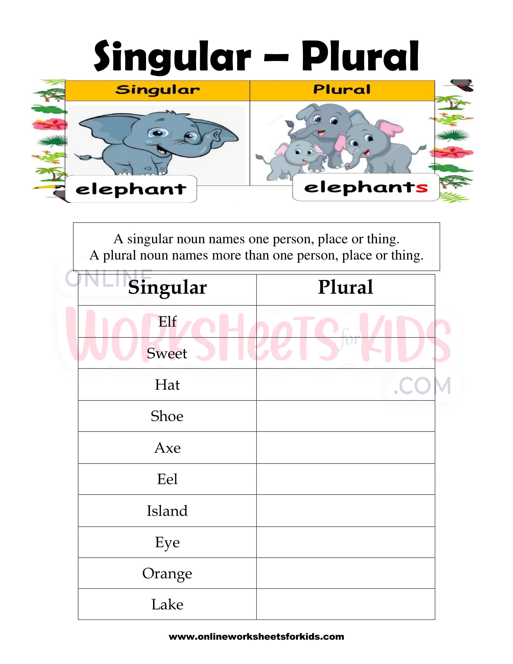 Singular and Plural Nouns Worksheet 1