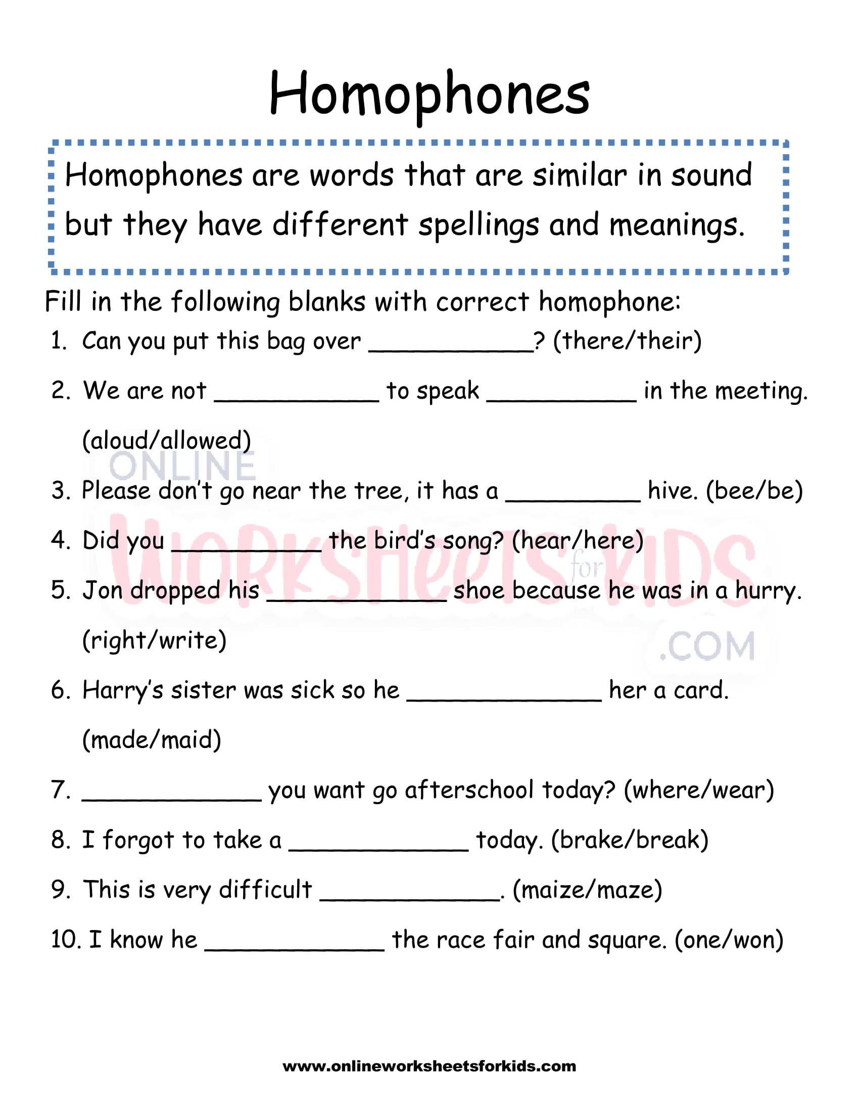 free homophones worksheet and printable for kids