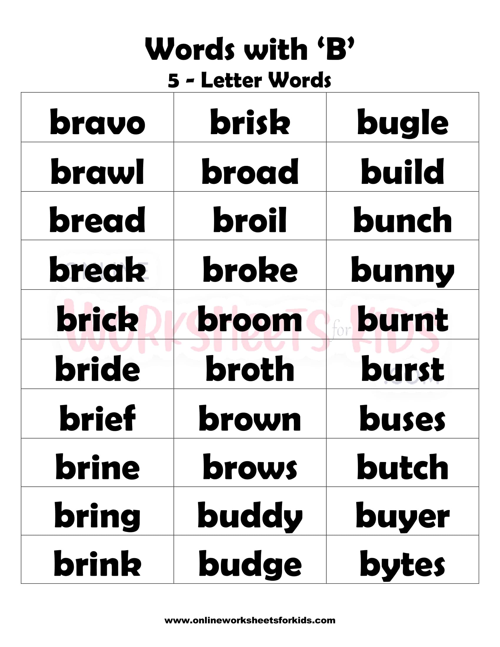 Word Search - Words That Start with B - Five Words