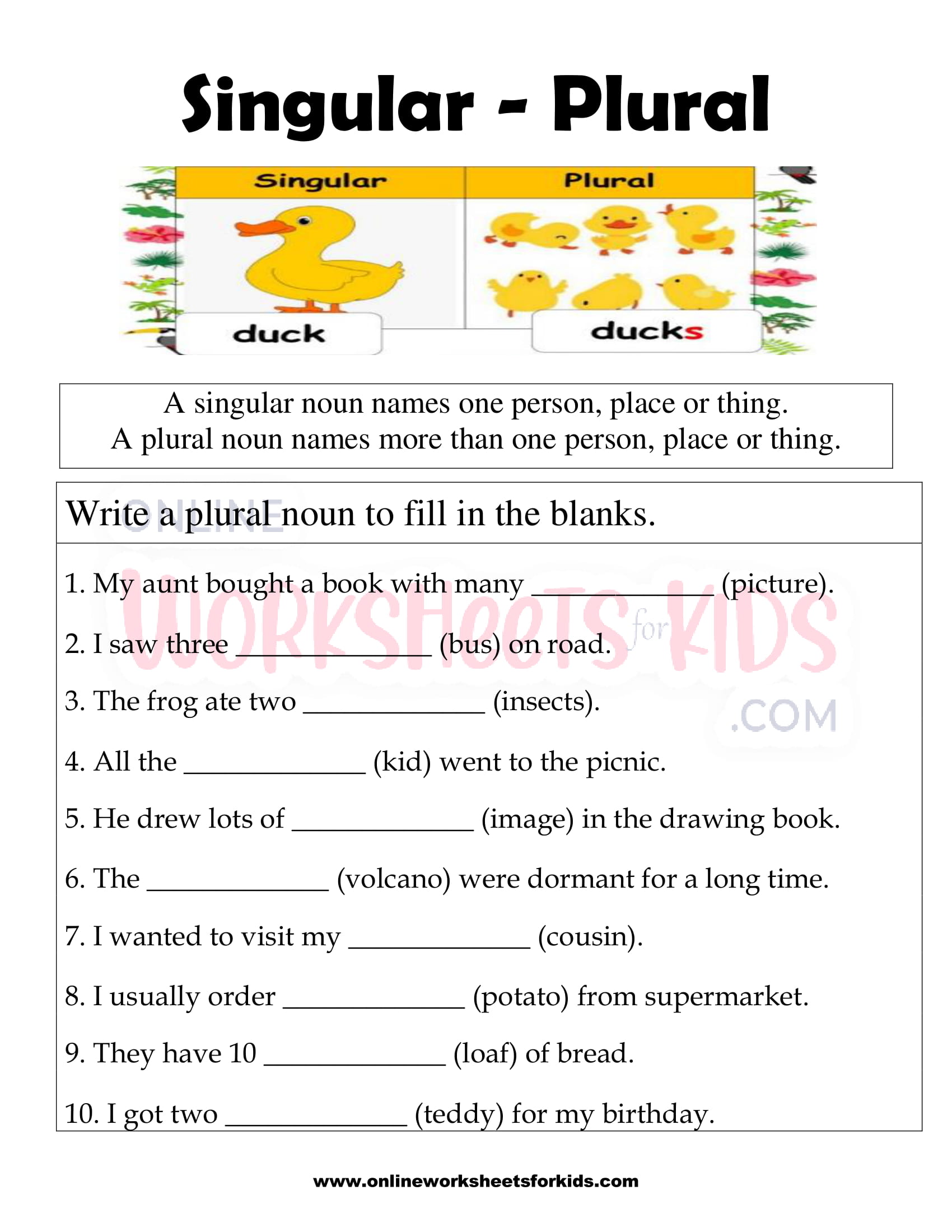 free singular and plural nouns worksheets for kids