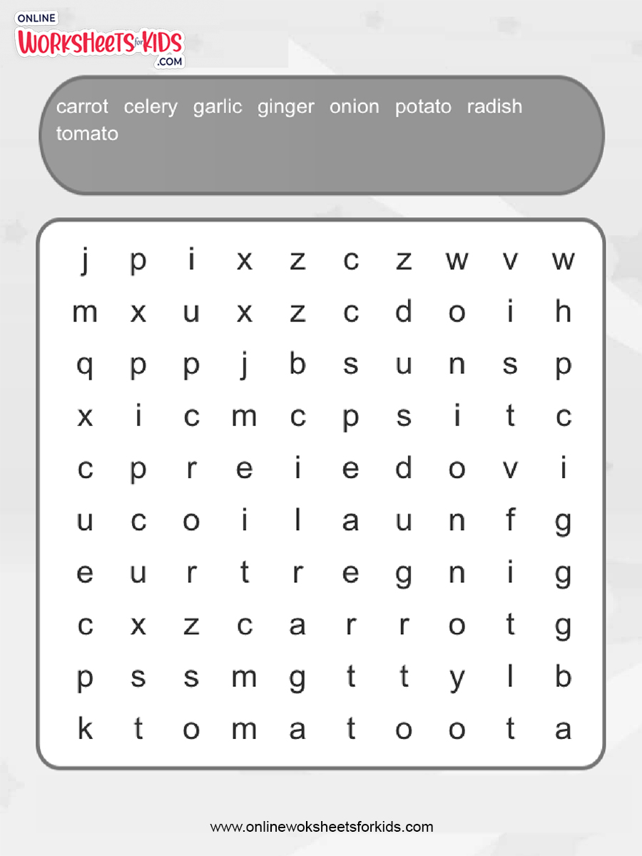 free vegetable word search worksheets and printable for kids