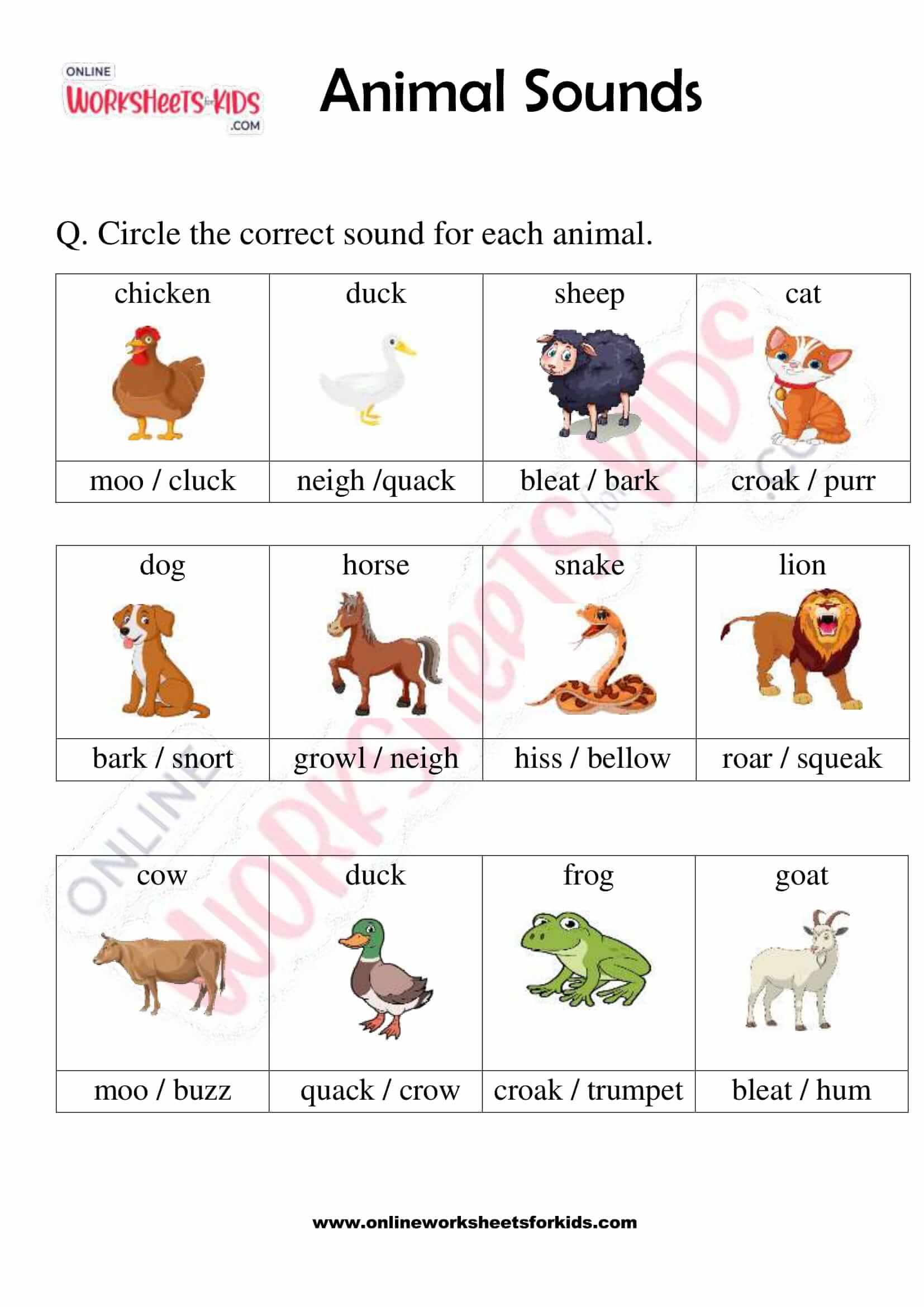 Animals and Their Sounds Worksheet for Grade 1