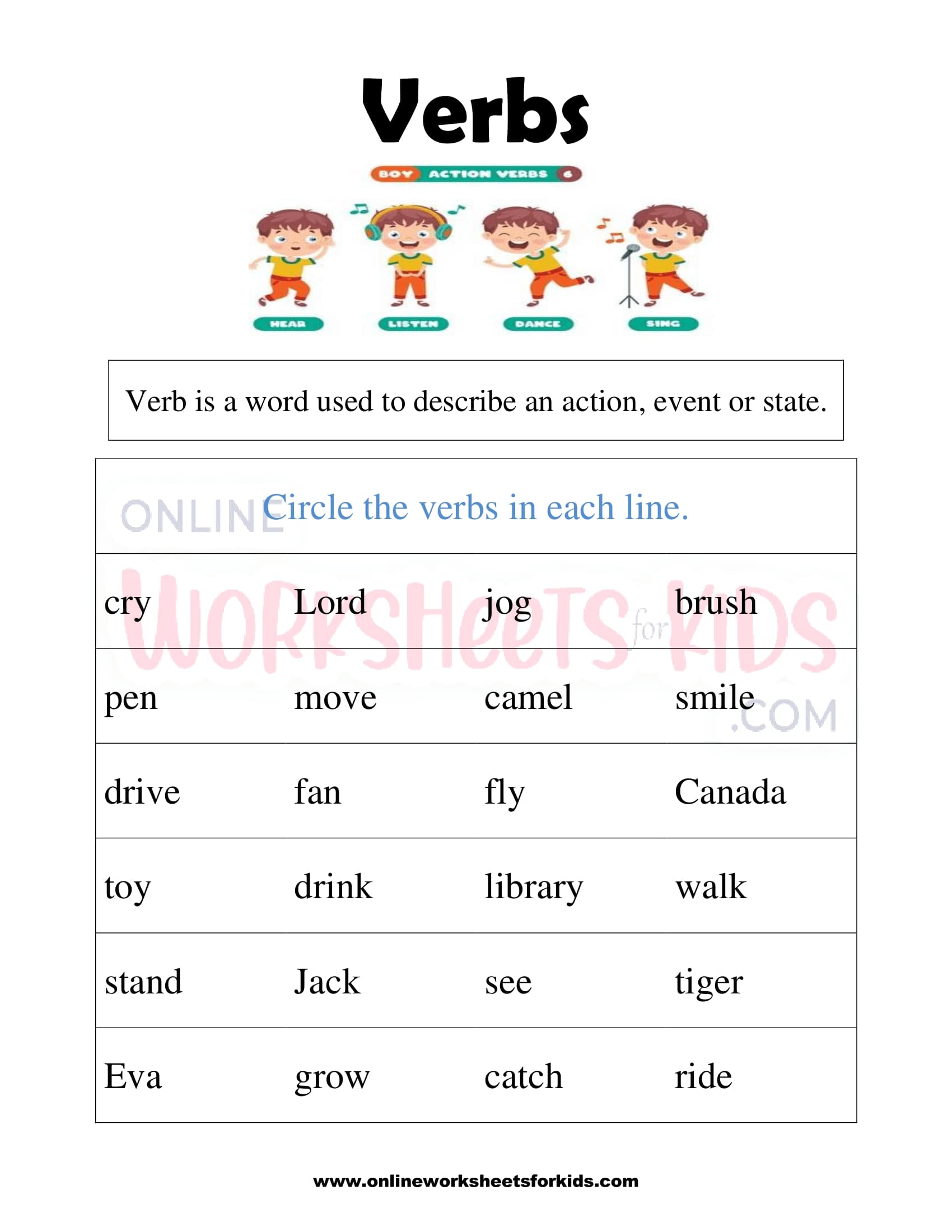 Free Verb Worksheets For 1st Grade