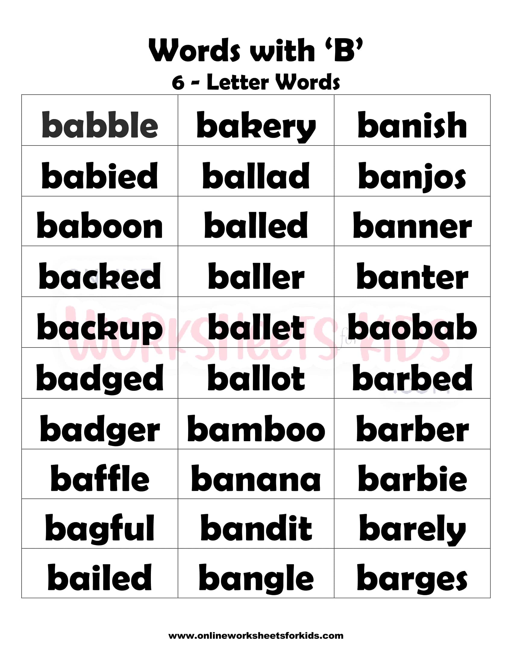 List of Words That Start With Letter 'B' For Children