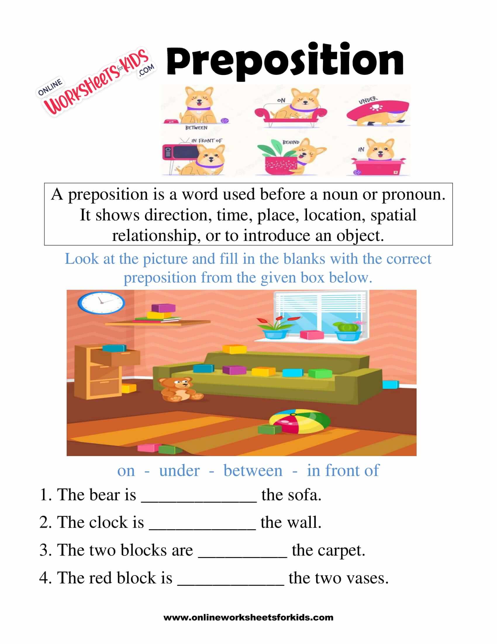 Preposition Worksheets for Grade 1 3