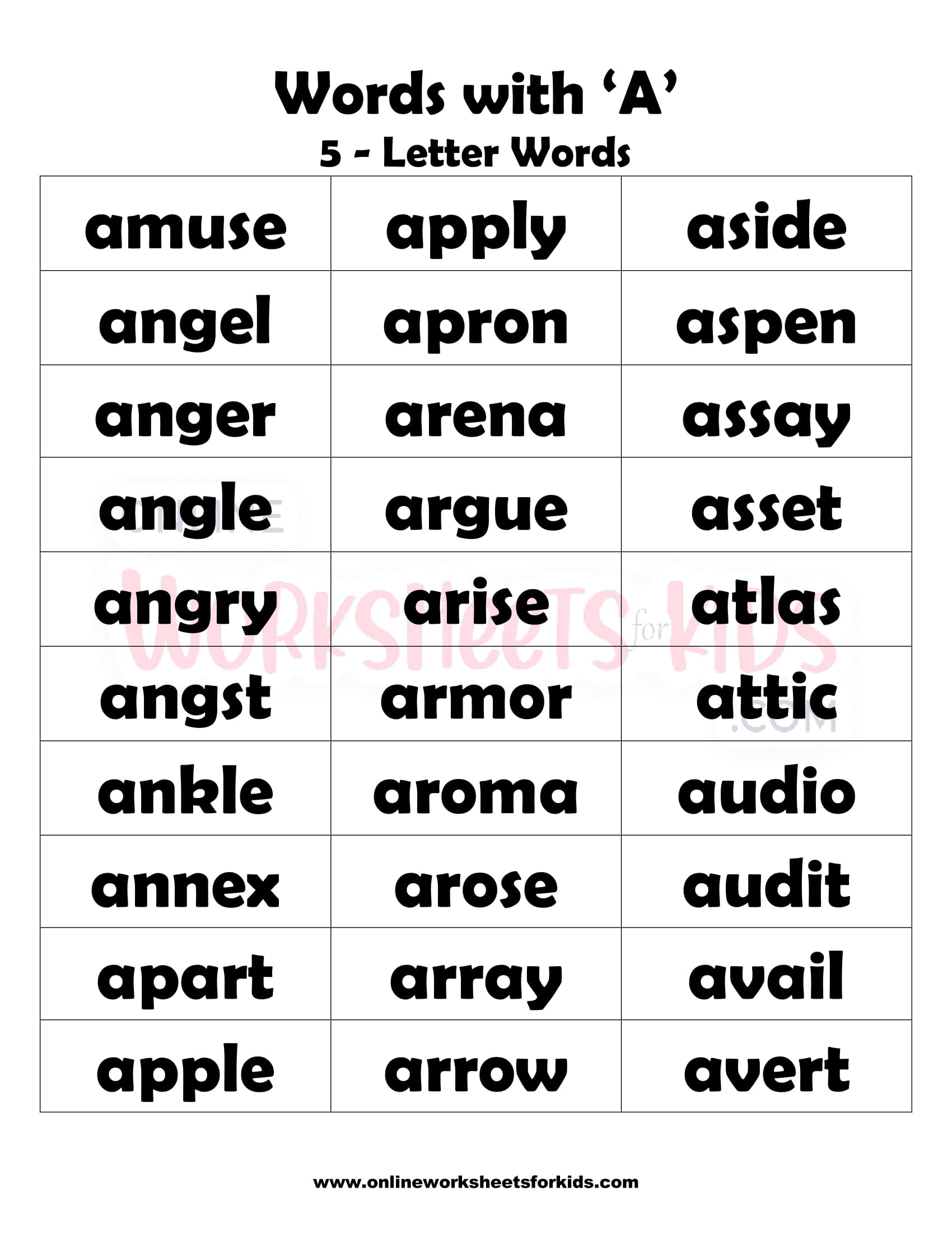 List of 5 Letter Words That Start With 'A' For Children To Learn