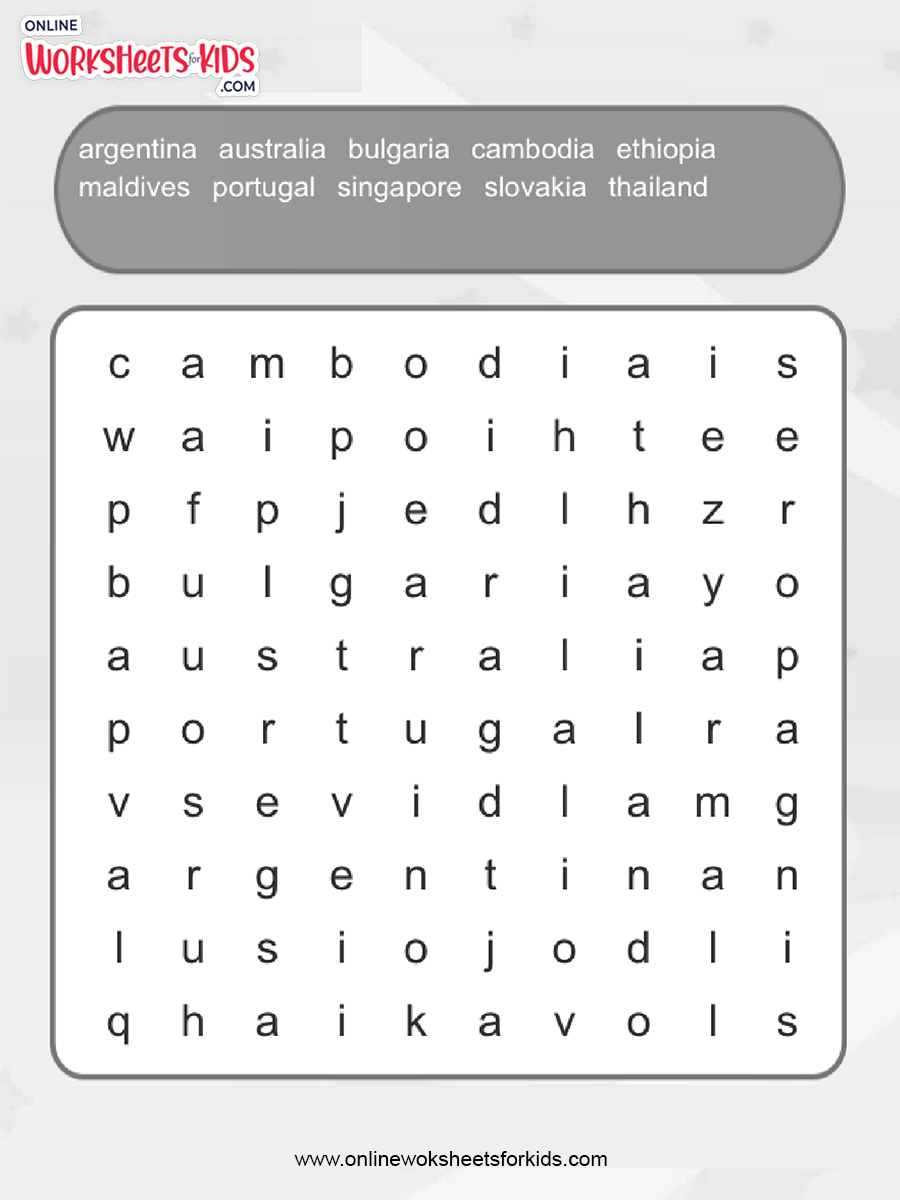 free countries word search worksheets and printable for kids