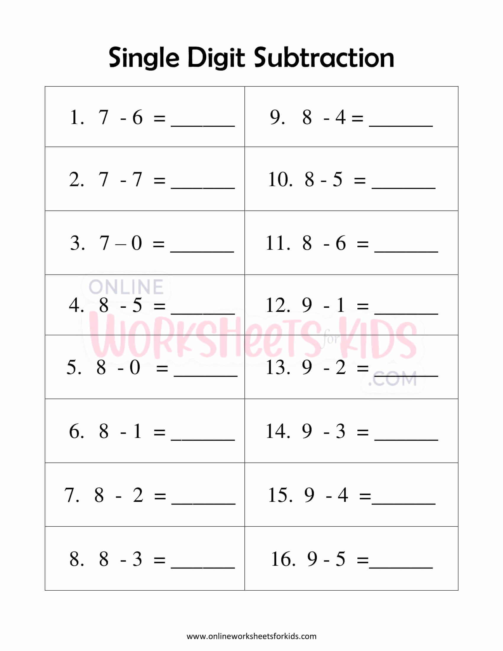 Single Digit Subtraction Worksheet 10