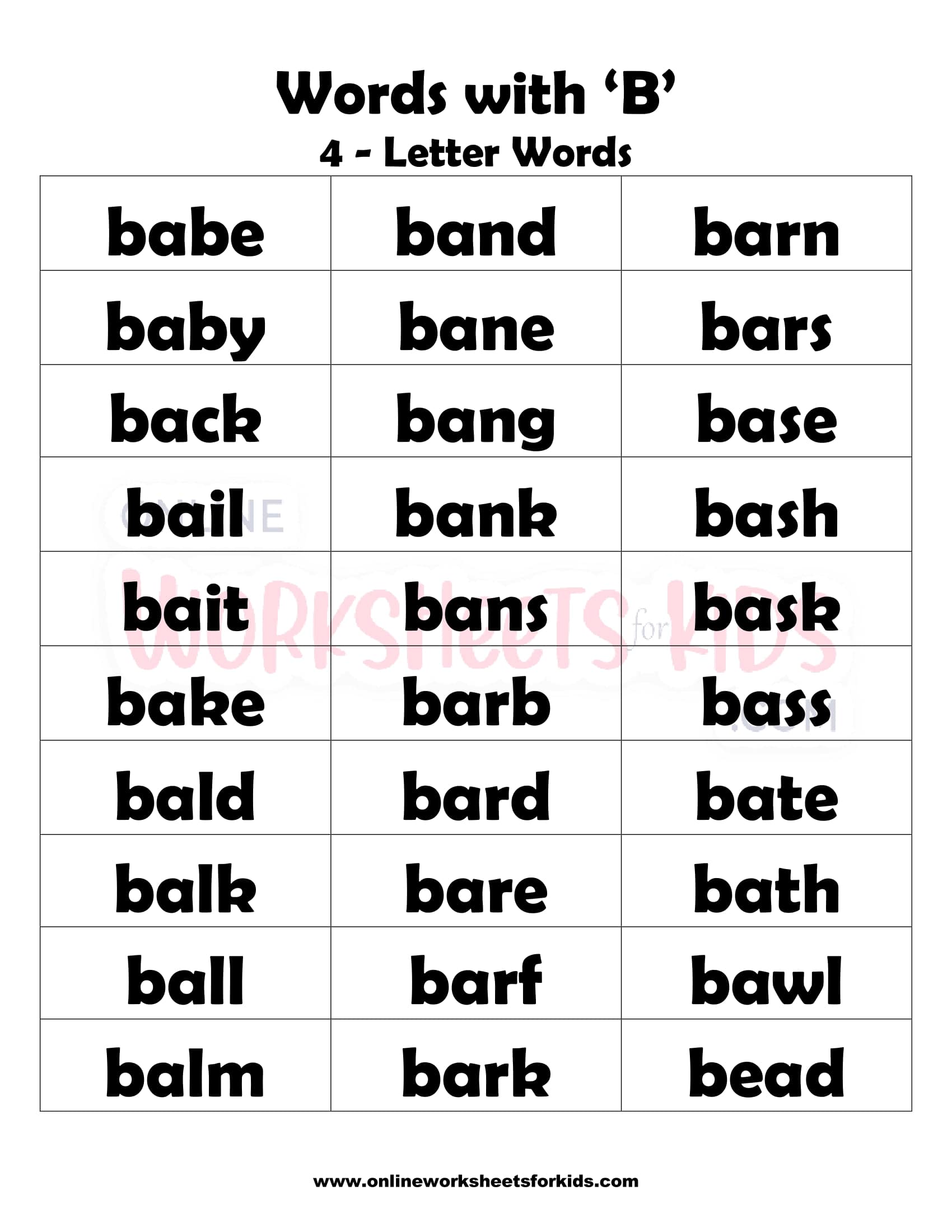 Free Words that Begin With B and Printable for Kids