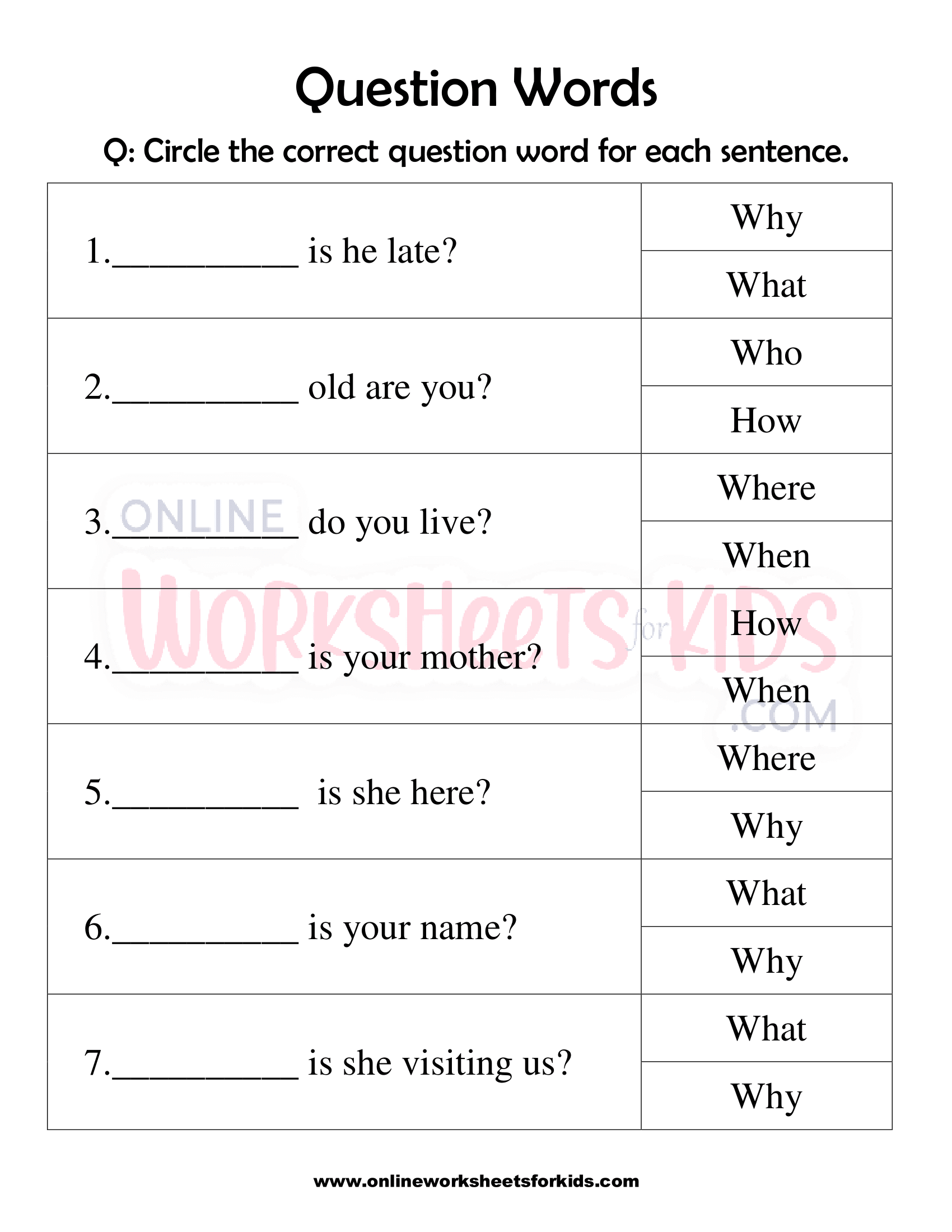 free printable question worksheets for grade 1