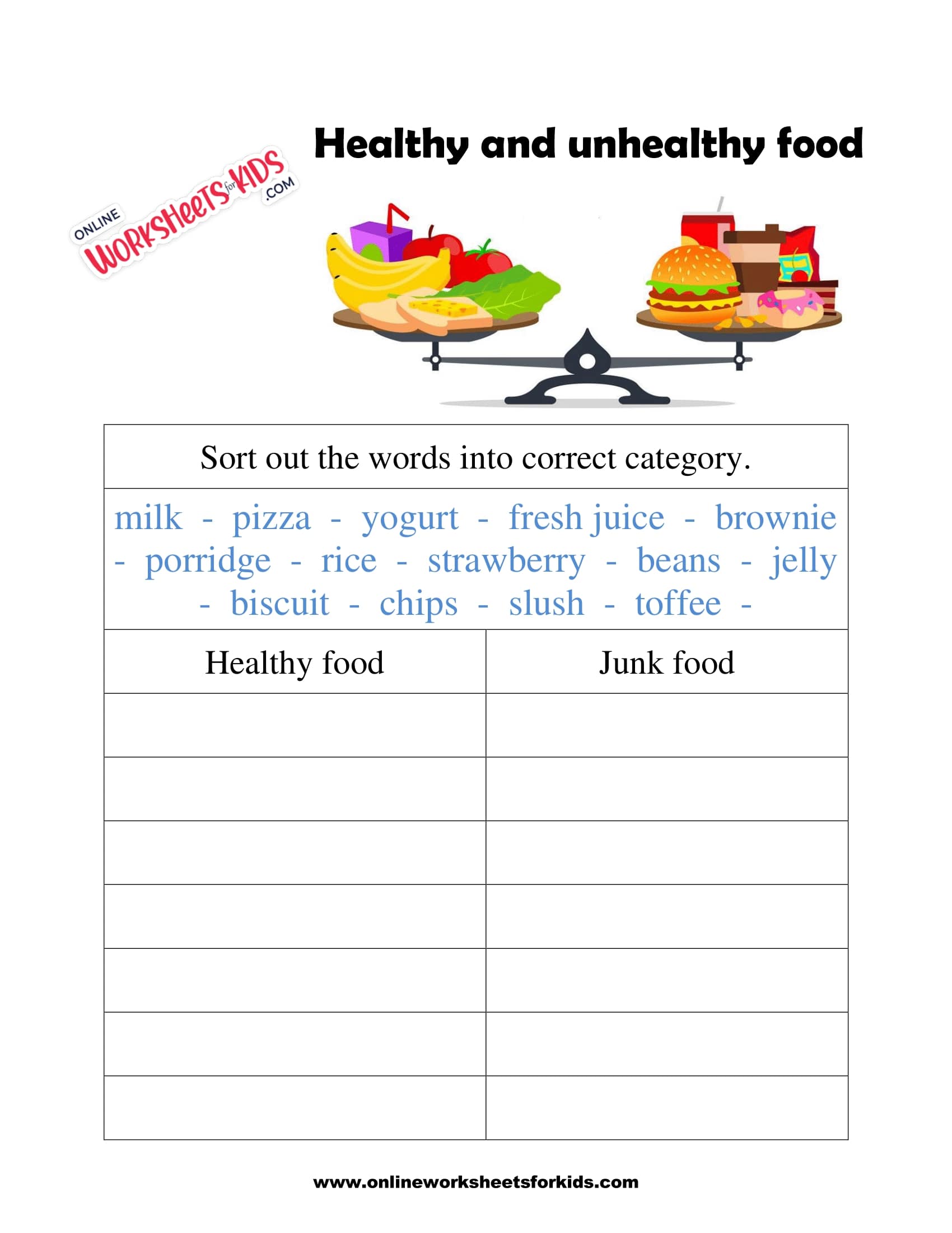 free healthy and unhealthy food worksheets