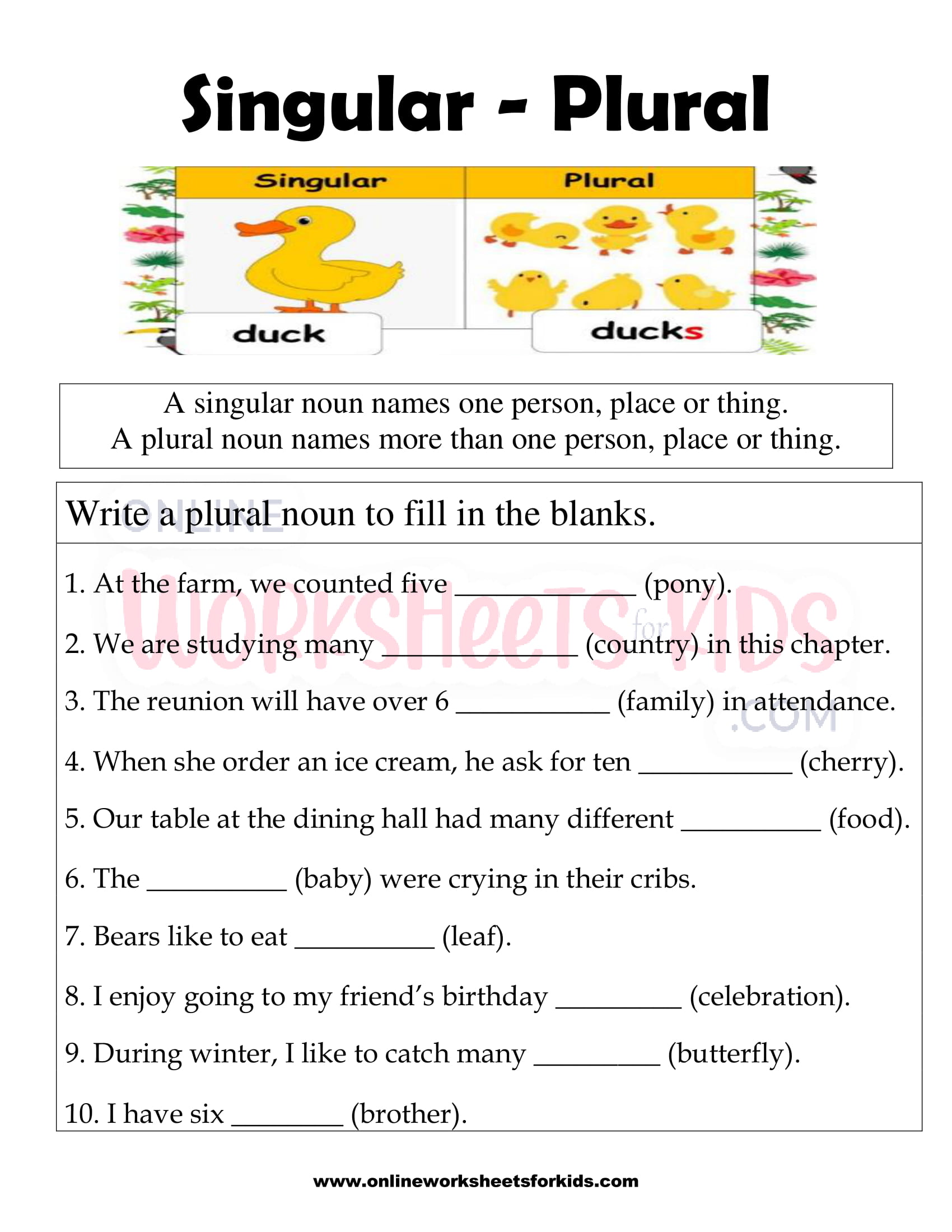 free singular and plural nouns worksheets for kids