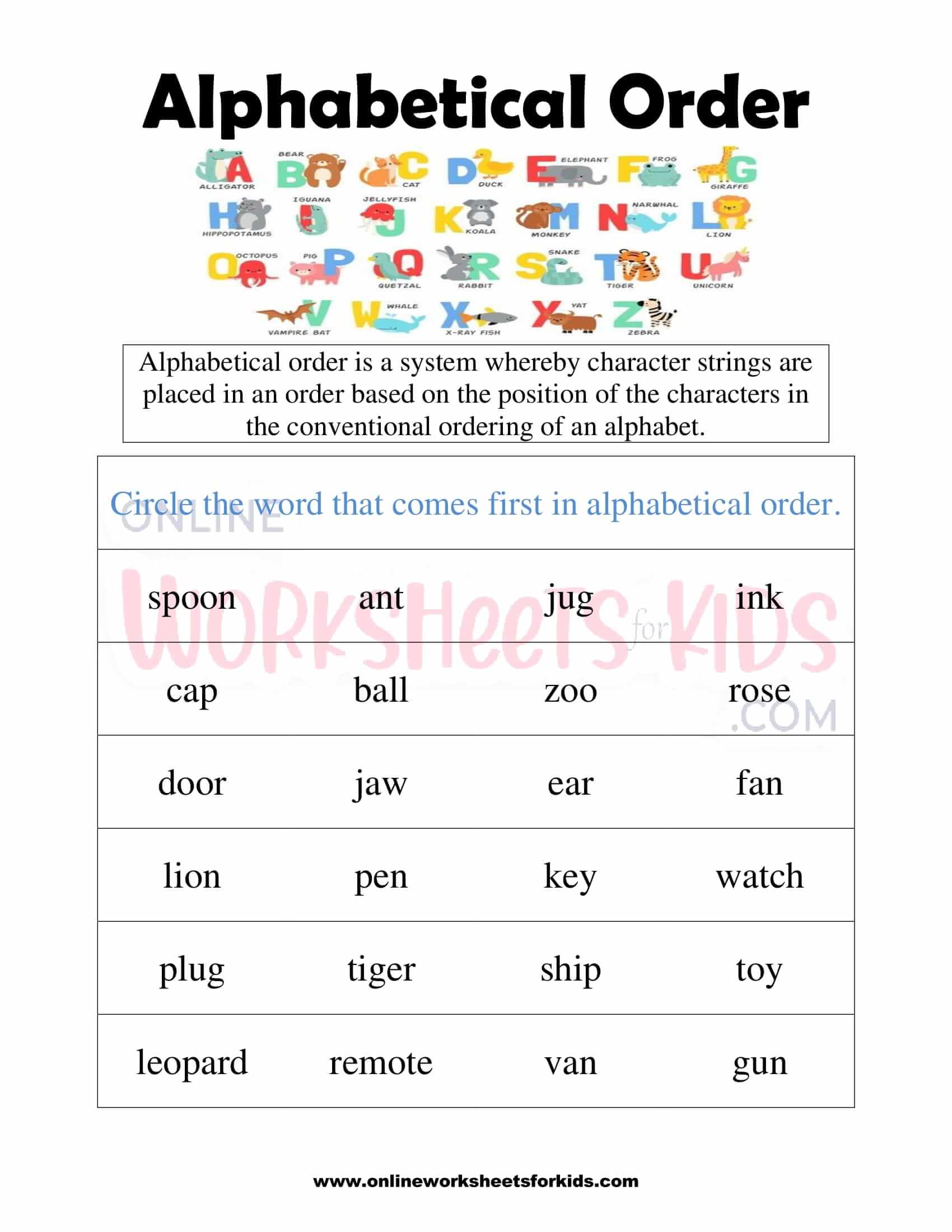 Alphabetical Order Worksheet For Class 1