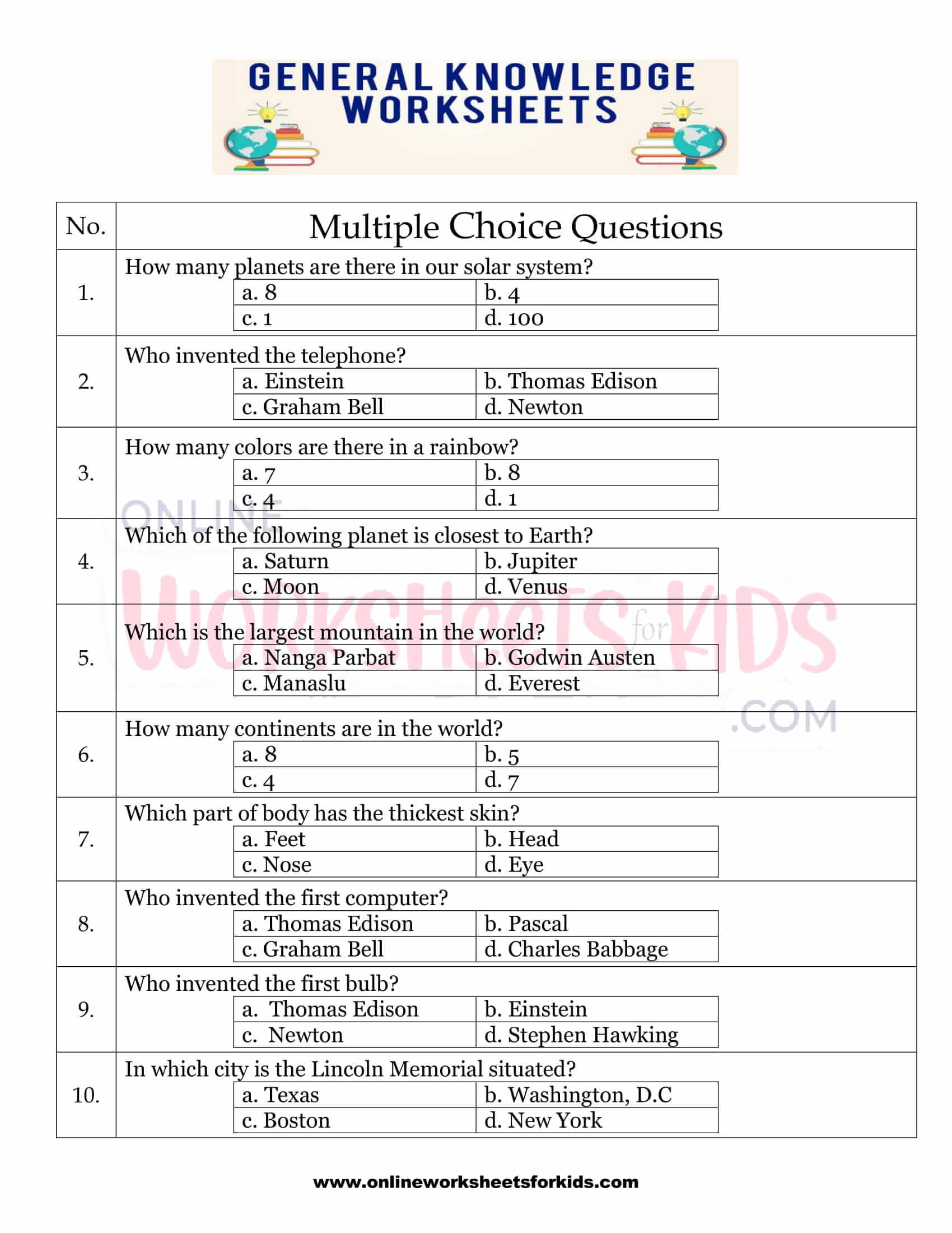 general knowledge worksheets for grade 1 8