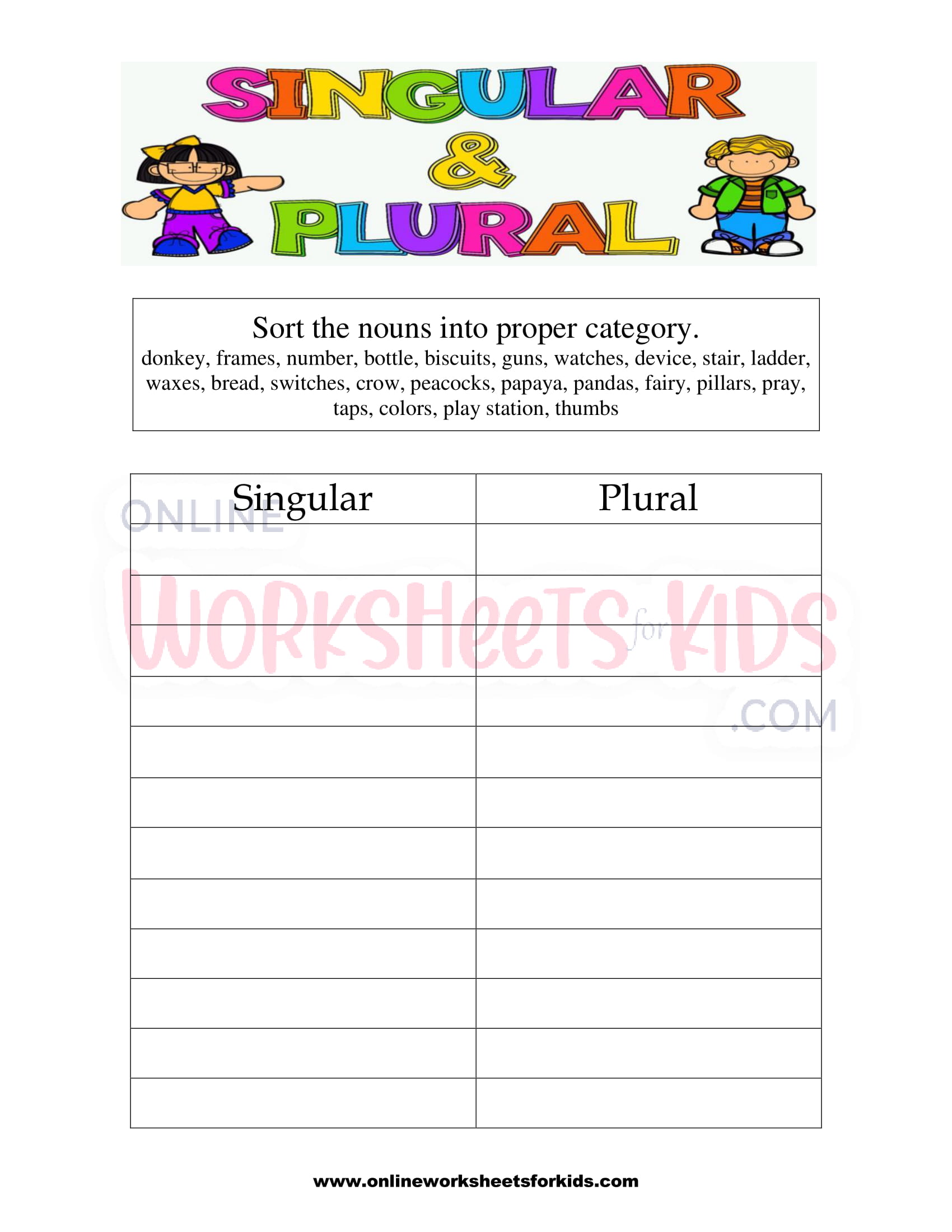 Singular and Plural Nouns Sorting Worksheet 6