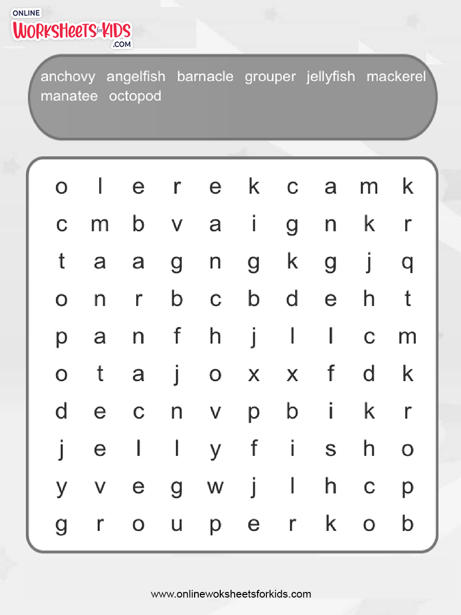 sea animal word search advance