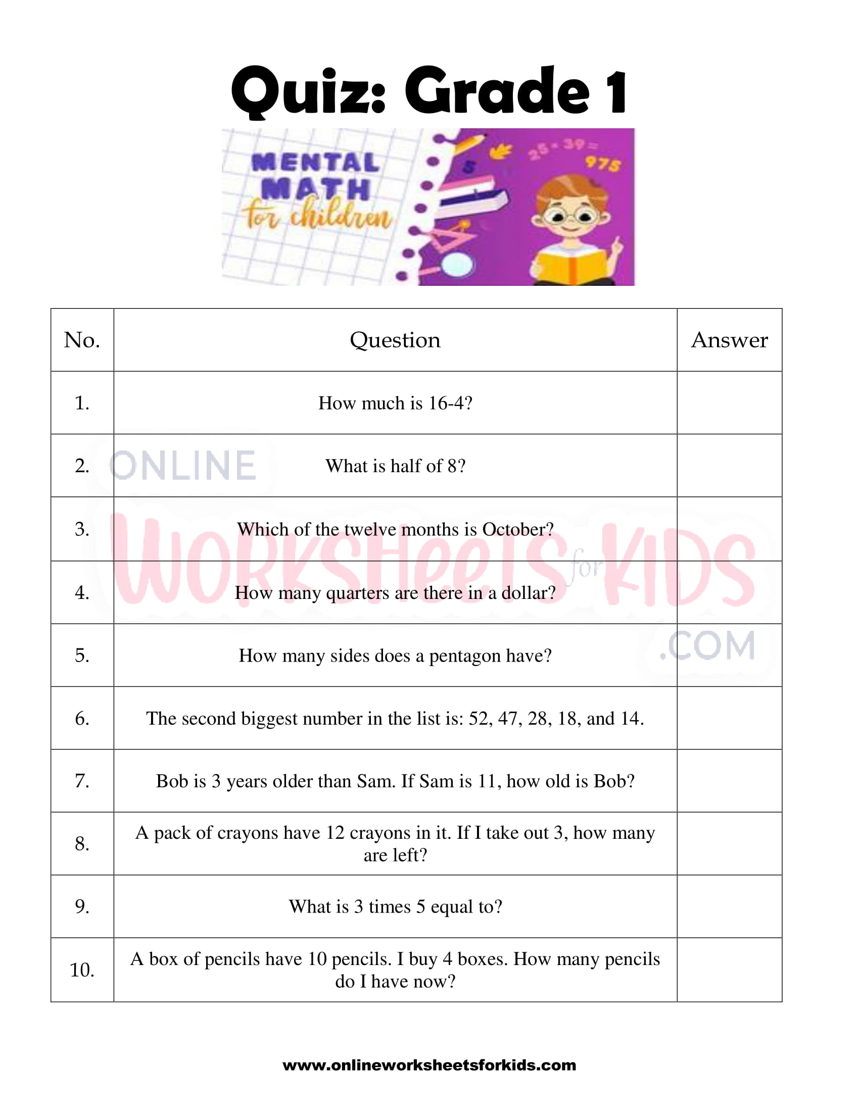 mental maths worksheets for grade 1 6