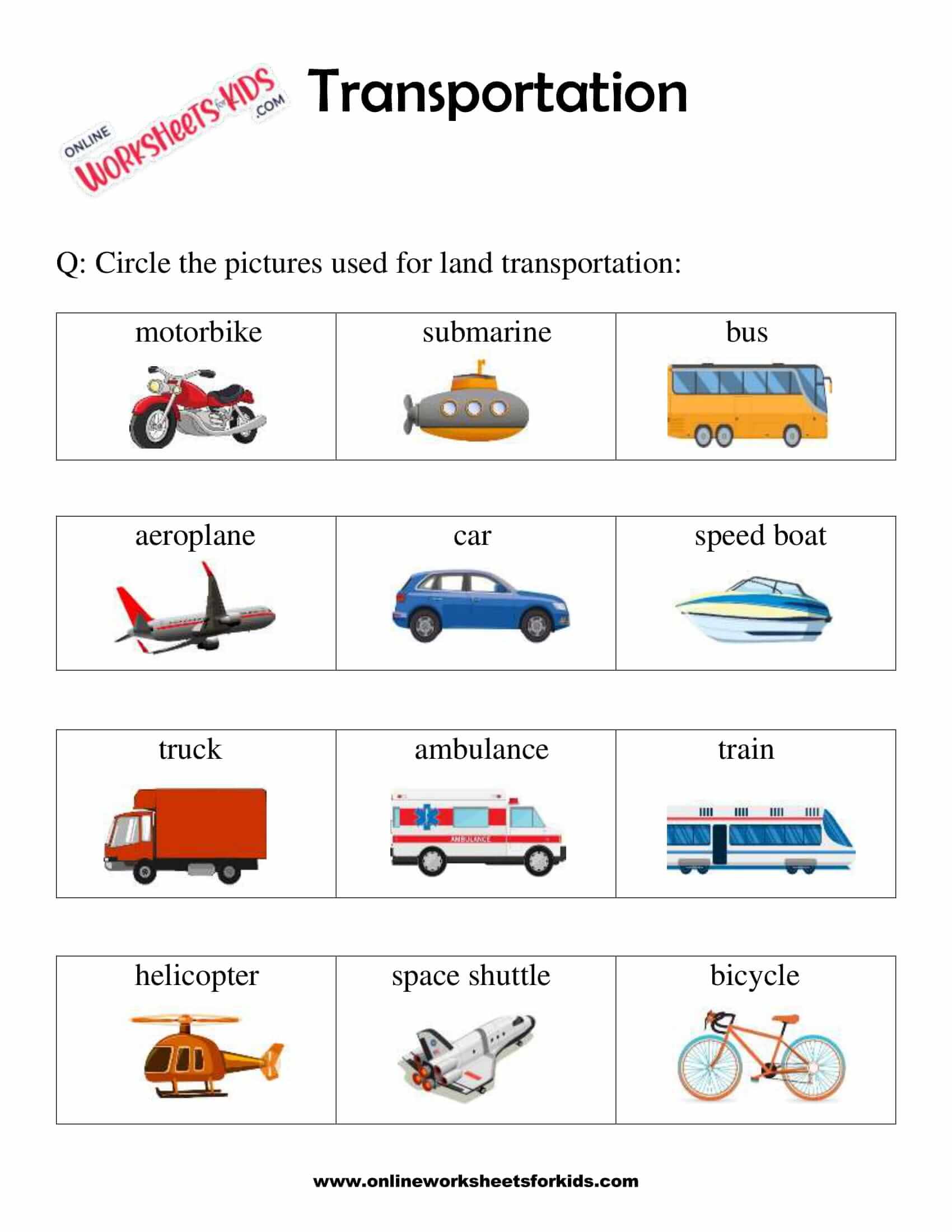 Means of Transportation online pdf worksheet