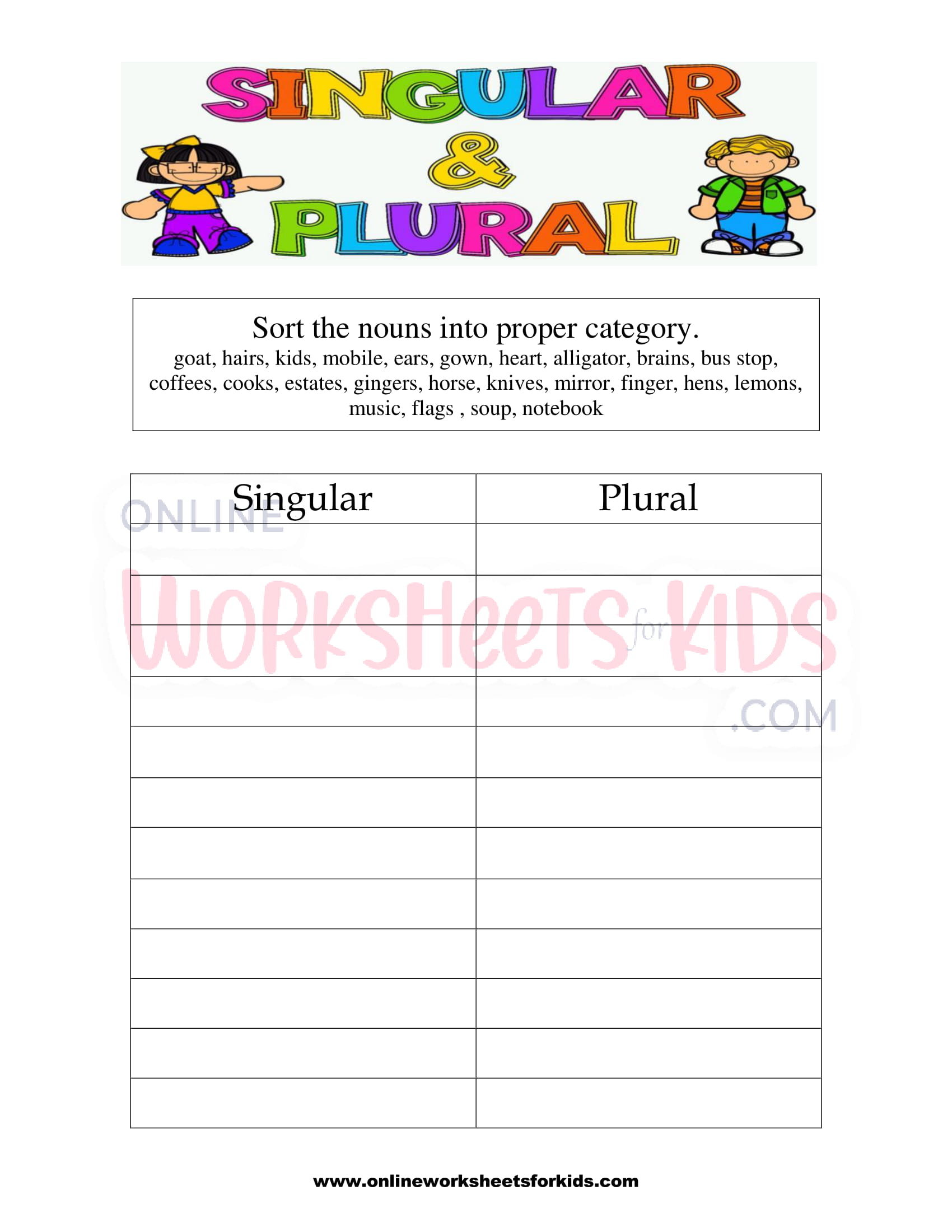 singular and plural nouns sorting worksheet 4